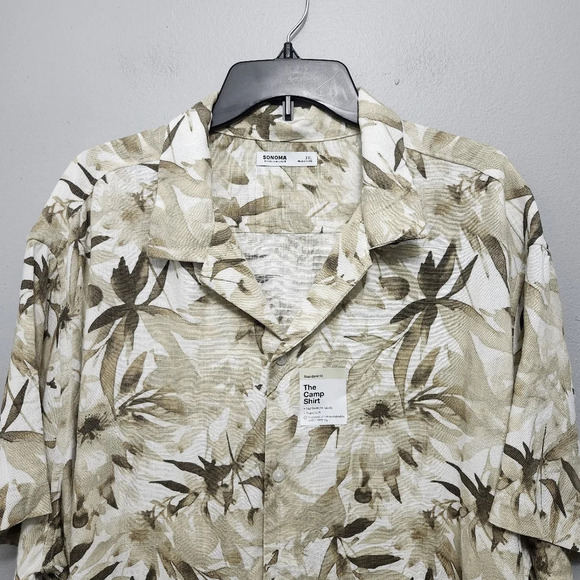 Sonoma men's button-down camp shirt size XXL cream and green Hawaiian - Picture 2 of 7